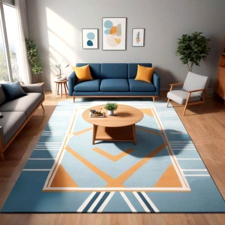 Handcrafted Blue Geometric Living Room Rug